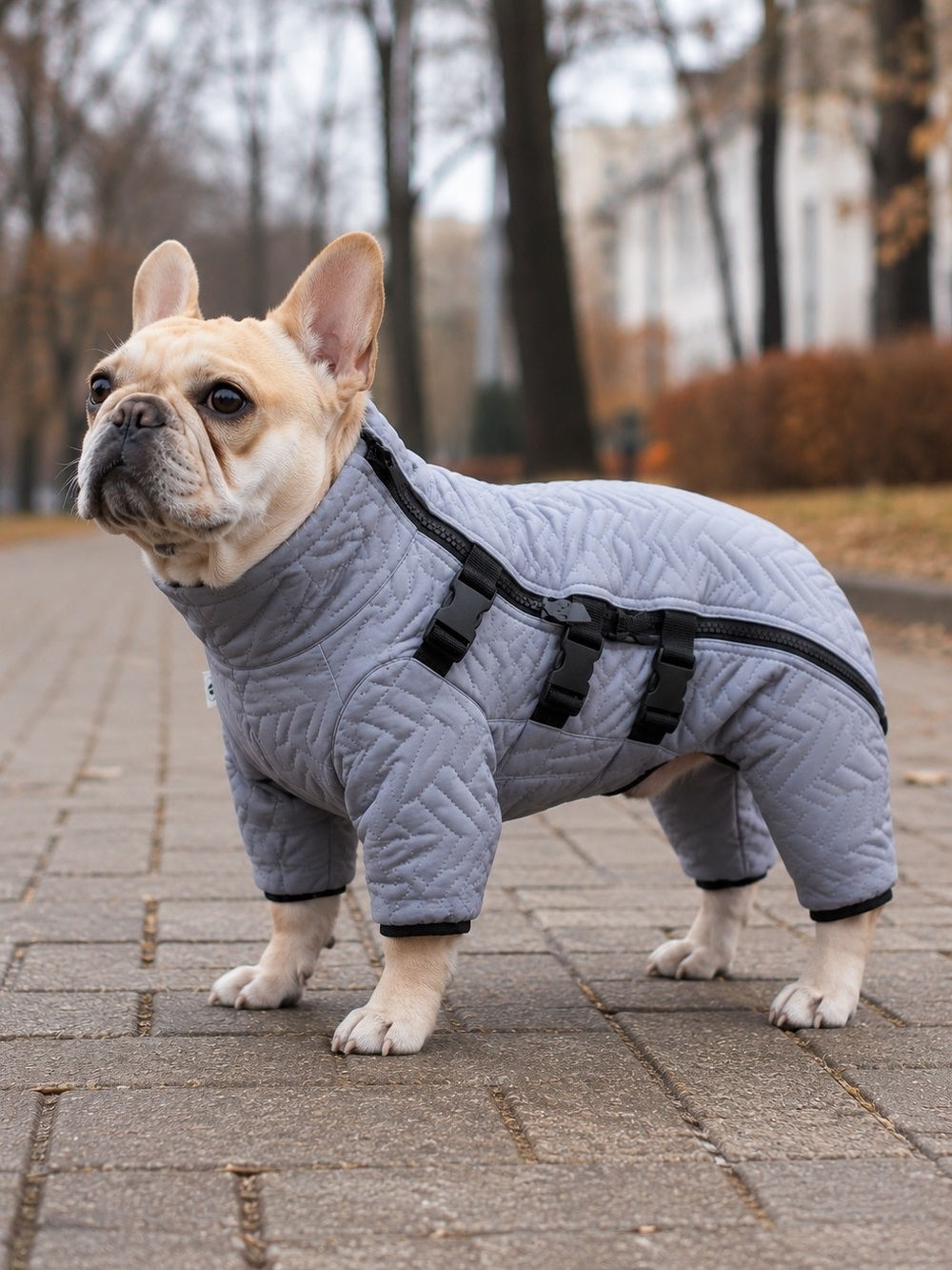 Gray Quilted Dog Jacket with Buckles